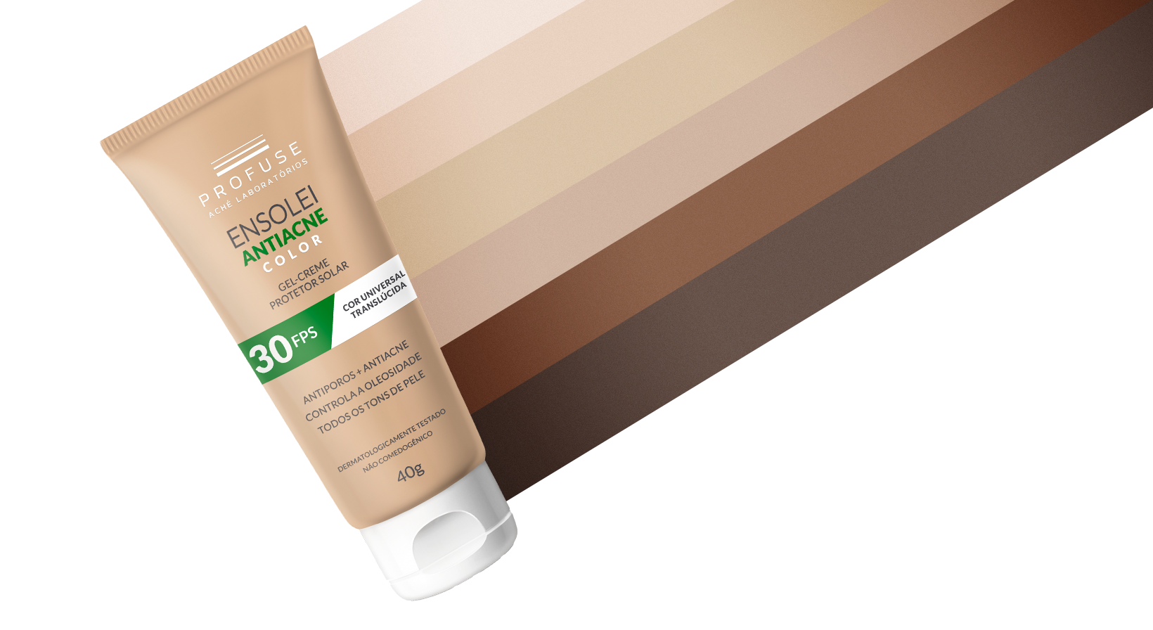 Imagem mostra o produto Ensolei Antiacne Color em um fundo que traz diversos tons de pele
