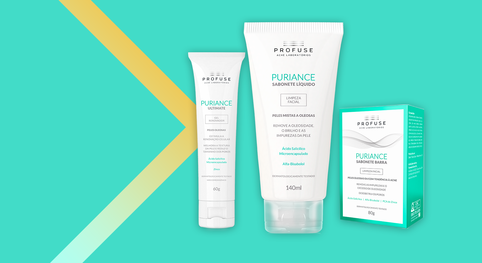 Imagem mostra os produtos Puriance Ultimate, Puriance Sabonete Barra e Puriance Saboente Líquido 140ml