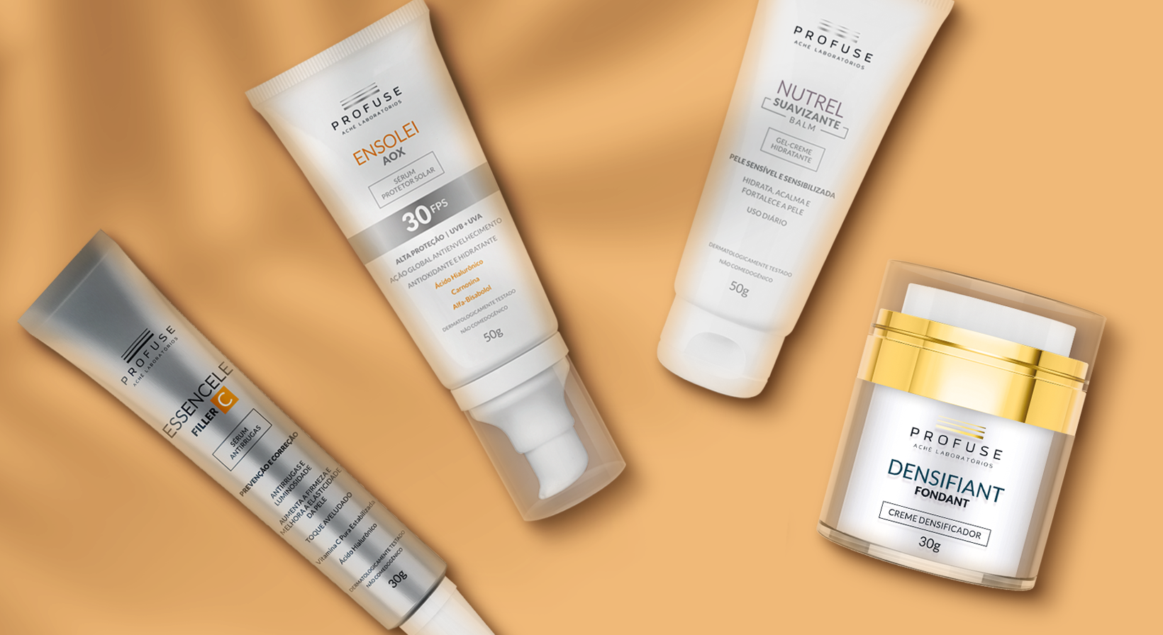 Imagem mostra os produtos Essencele Filler C, Ensolei Aox, Nutrel Suavizante Balm e Densifiant Fondant em um fundo neutro
