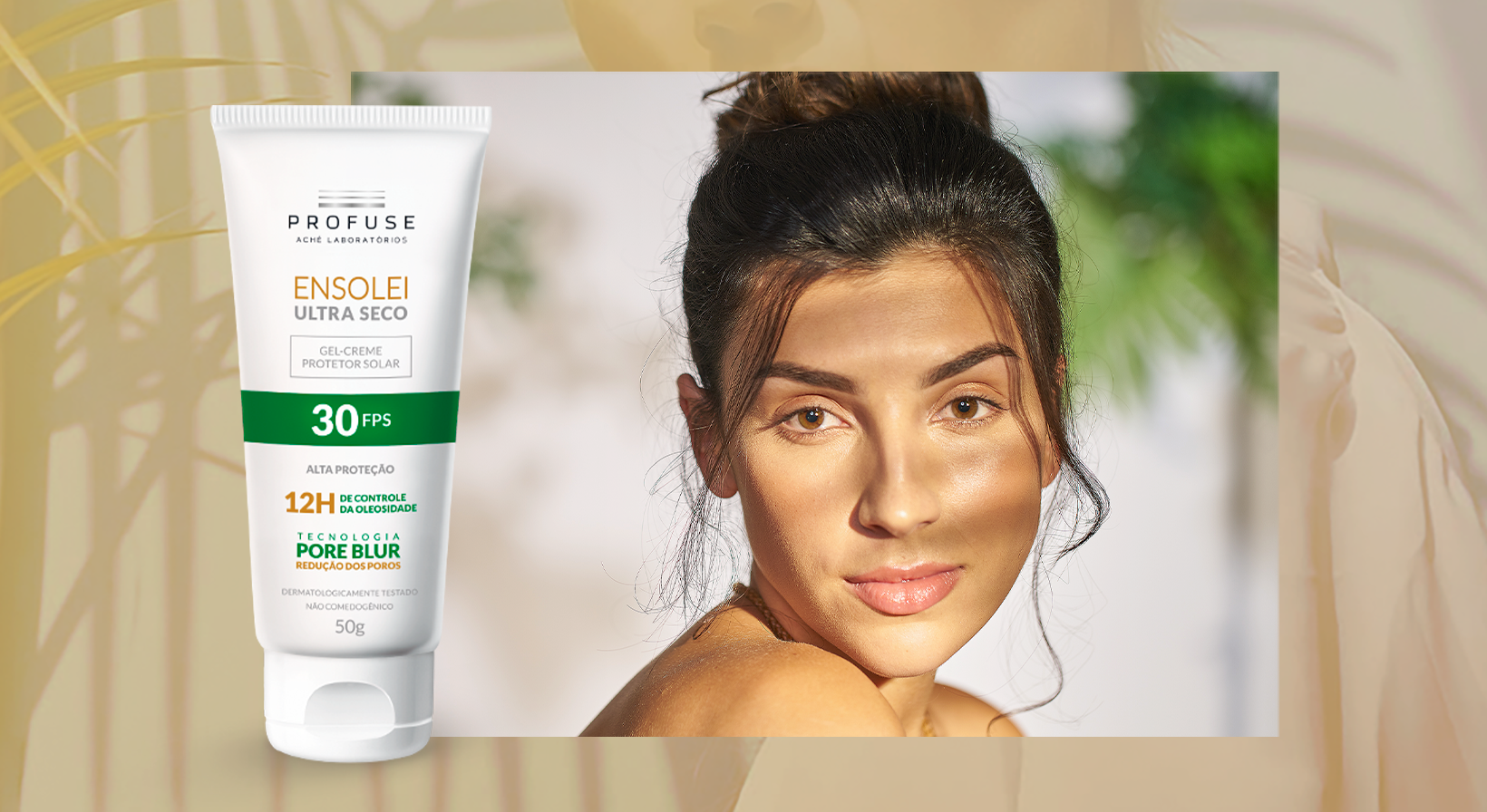 Imagem mostra uma mulher ao fundo e ao seu lado a embalagem do produto Ensolei Ultra Seco