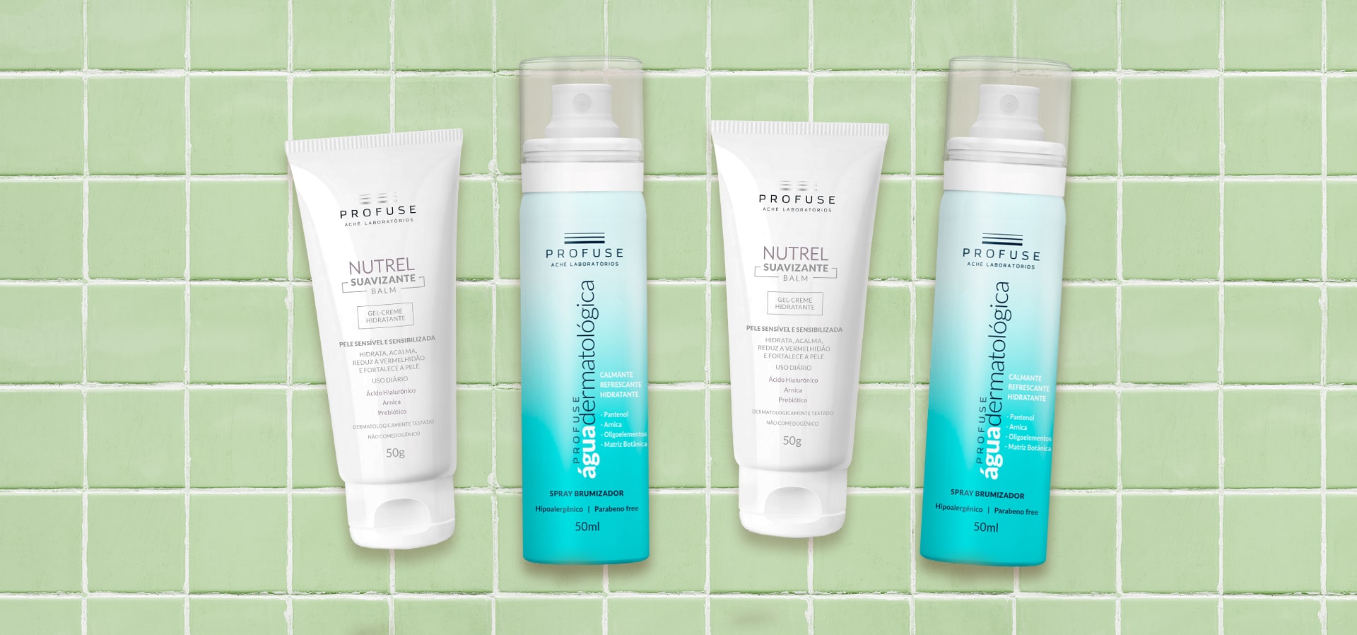 Fundo verde quadriculado com Nutrel Suavizante Balm e Profuse Água Dermatológica.