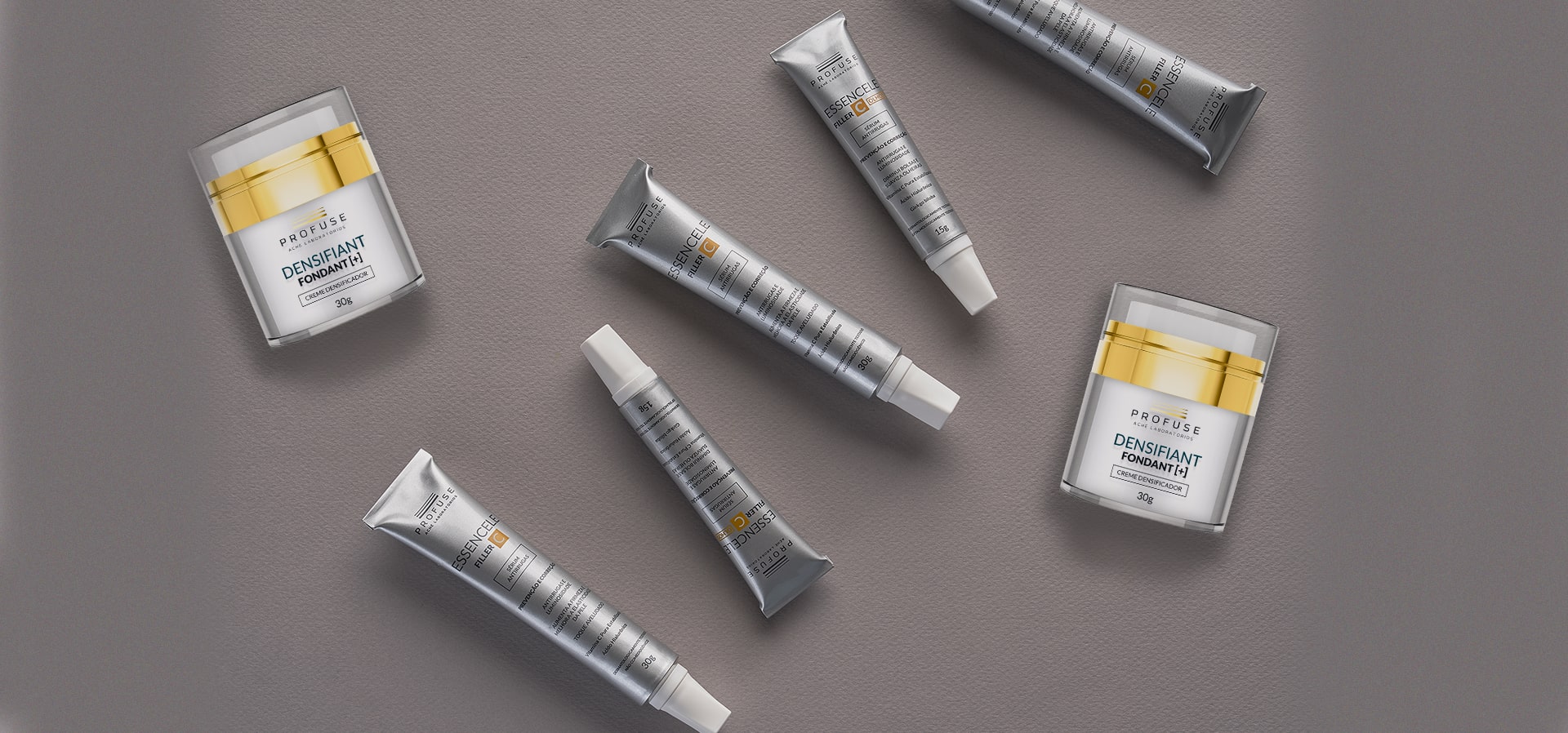 Fundo cinza com Essencele Filler C e Essencele Filler C Olhos e Densifiant Fondant [+]