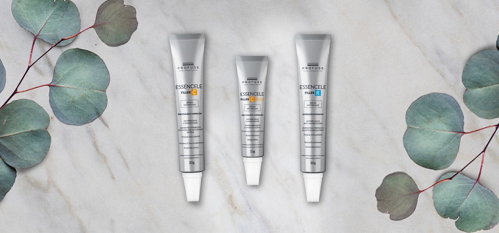 Essencele Filler C, Essencele Filler C Olhos e Essencele Filler R em uma banca de mármore branco