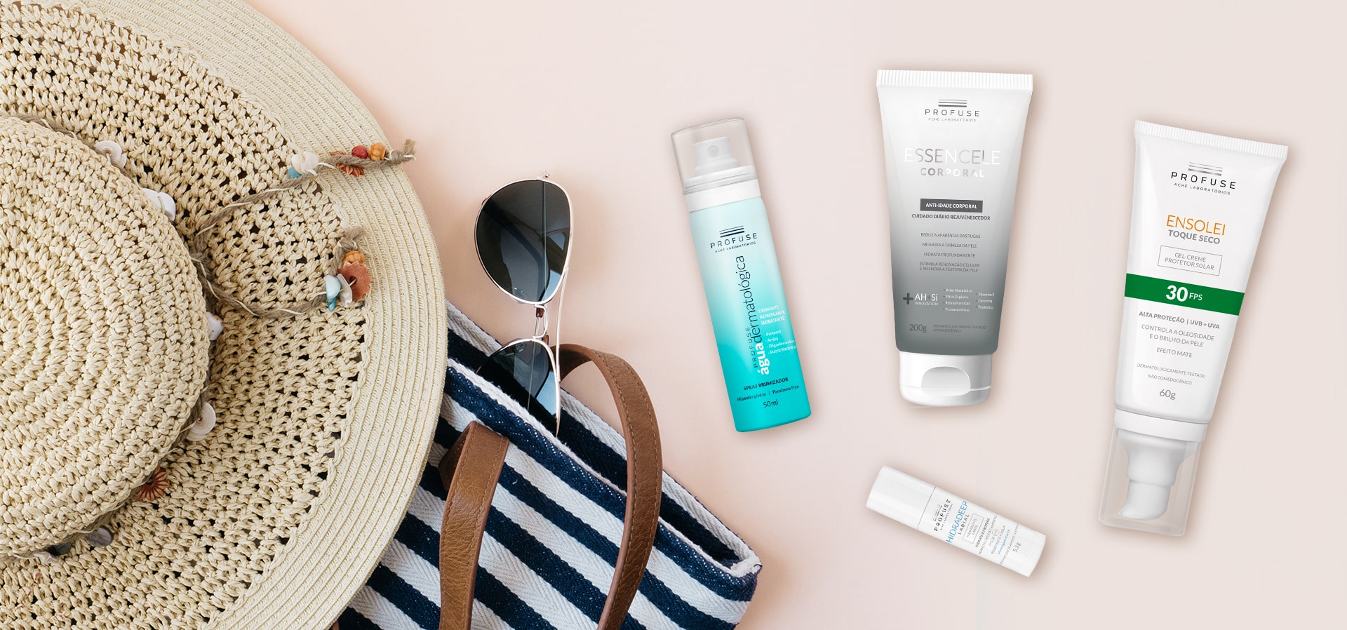 Chapéu de praia com óculos de sol e Profuse Água Dermatológica 50ml, Essencele Corporal, Hidradeep Labial e Ensolei Toque Seco.