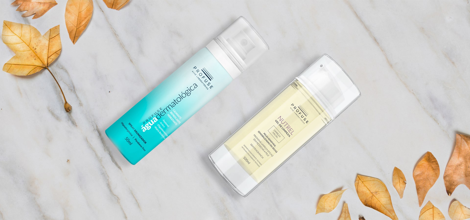 Folhas de outrono e Nutrel Gel de Limpeza e Profuse Água Dermatológica.