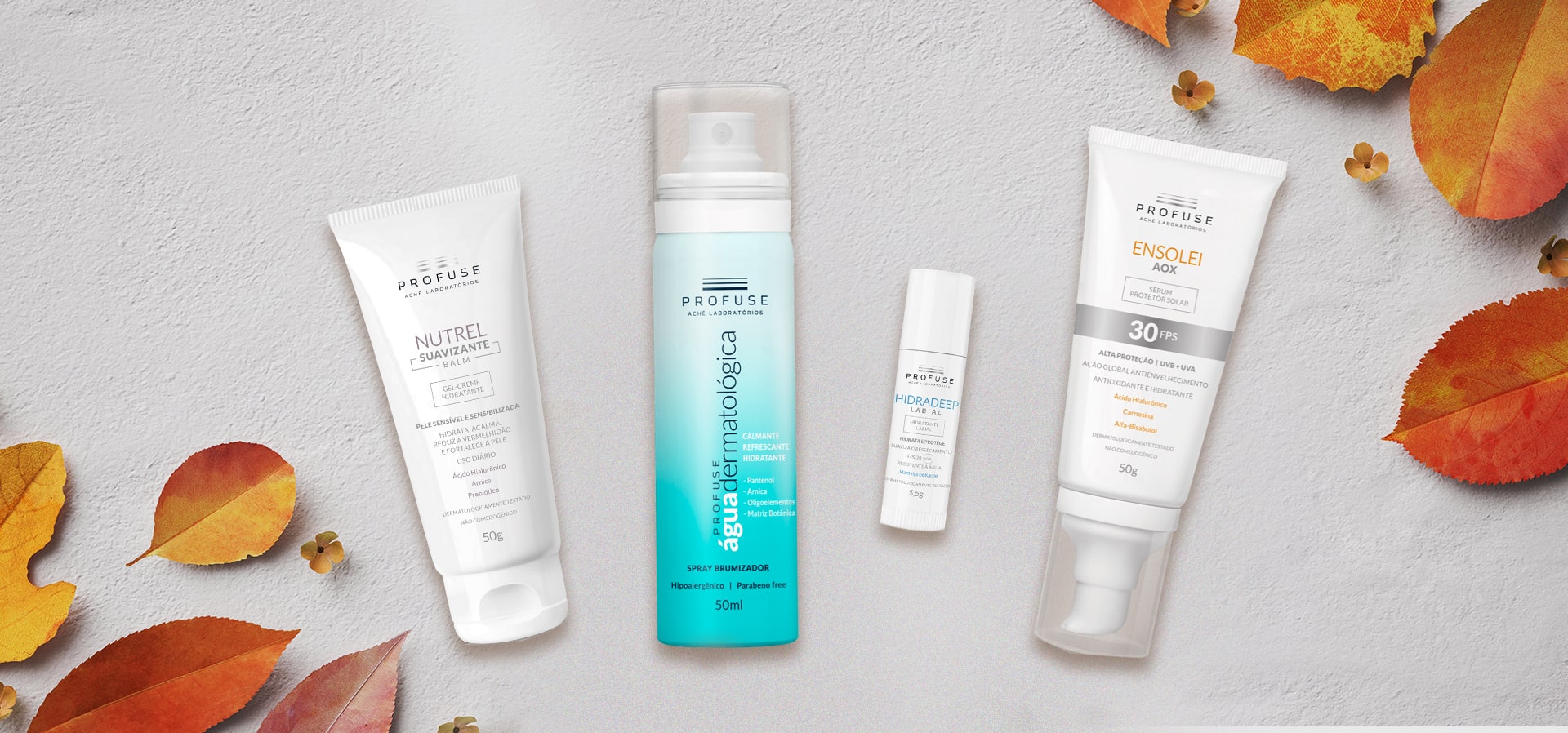 Folhas de outrono e Nutrel Suavizante Balm, Profuse Água Dermatológica, Hidradeep Labial e Ensolei AOX