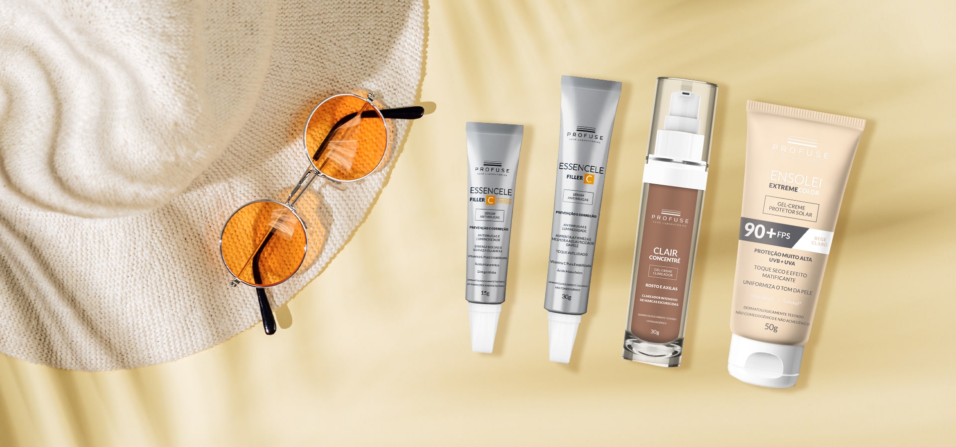 No fundo uma toalha de praia com um chapéu e óculos e ao lado Essencele Filler C Olhos, Essencele Filler C, Clair Concentré, Ensolei Extreme Color.