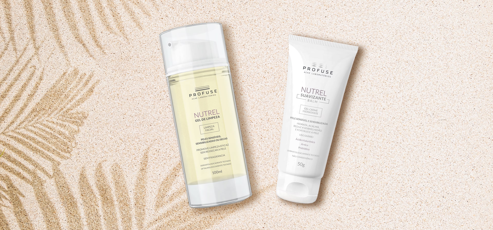 Fundo bege com Nutrel Gel de Limpeza e Nutrel Suavizante Balm.