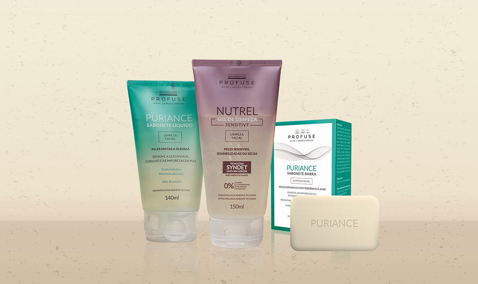 Imagem mostra Puriance Sabonete Líquido e Puriance Sabonete em barra, também mostra Nutrel Gel de Limpeza Sensitive, todos em um fundo neutro