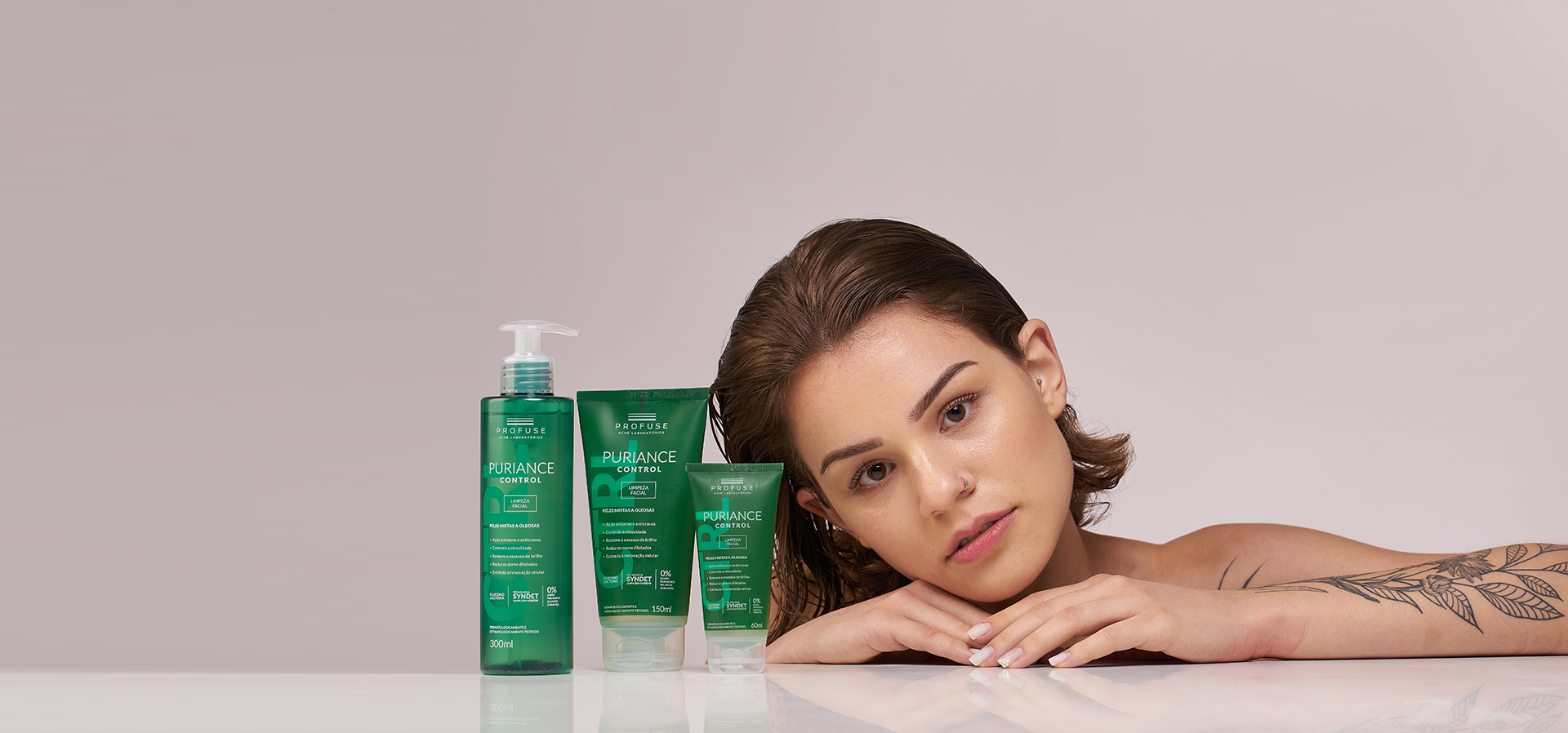 Modelo com Puriance Control nos tamanhos 60ml, 150ml e 300ml